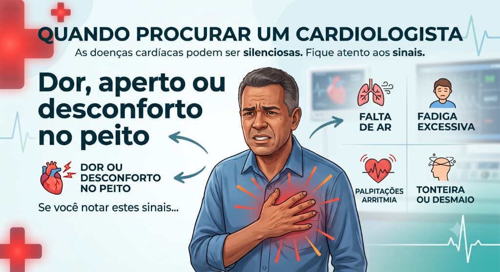 Infográfico: quando procurar um cardiologista — dor ou desconforto no peito, falta de ar, fadiga excessiva, palpitações e tontura ou desmaio